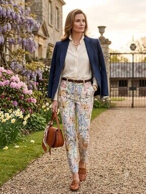 H&M pastel botanical floral slim pants, women's floral tailored trousers, spring